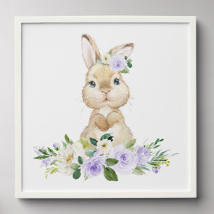 Cute Bunny, Rabbit, Purple Flowers, Gender Neutral Peel And Stick Photo Tile