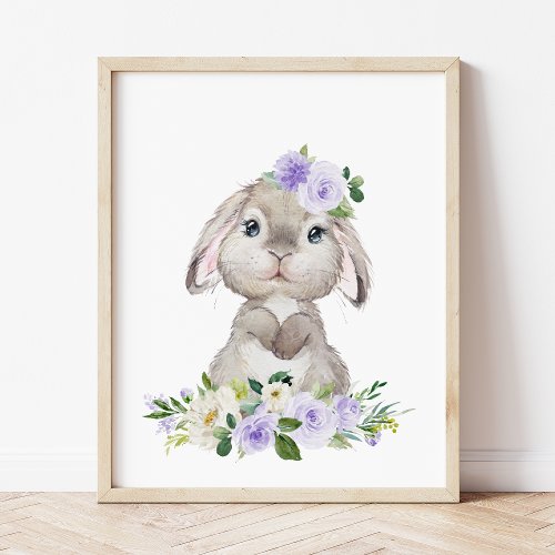 Cute Bunny Rabbit Purple Flowers Gender Neutral Photo Print