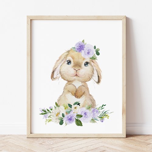 Cute Bunny Rabbit Purple Flowers Gender Neutral Poster