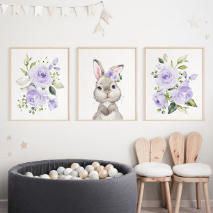 Cute Bunny, Rabbit, Purple Flowers, Gender Neutral Wall Art Sets