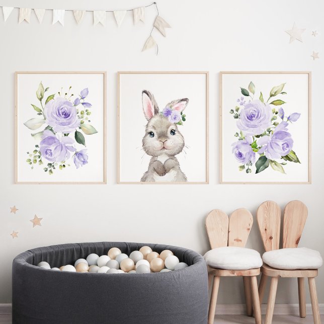 Cute Bunny, Rabbit, Purple Flowers, Gender Neutral Wall Art Sets (Creator Uploaded)