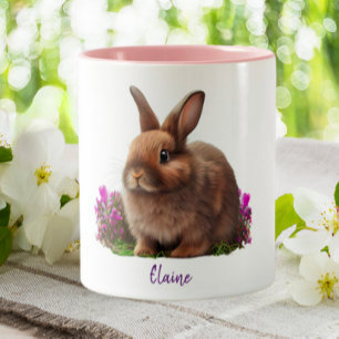 Cute Bunny Rabbit Purple Flowers Personalized Two-Tone Coffee Mug