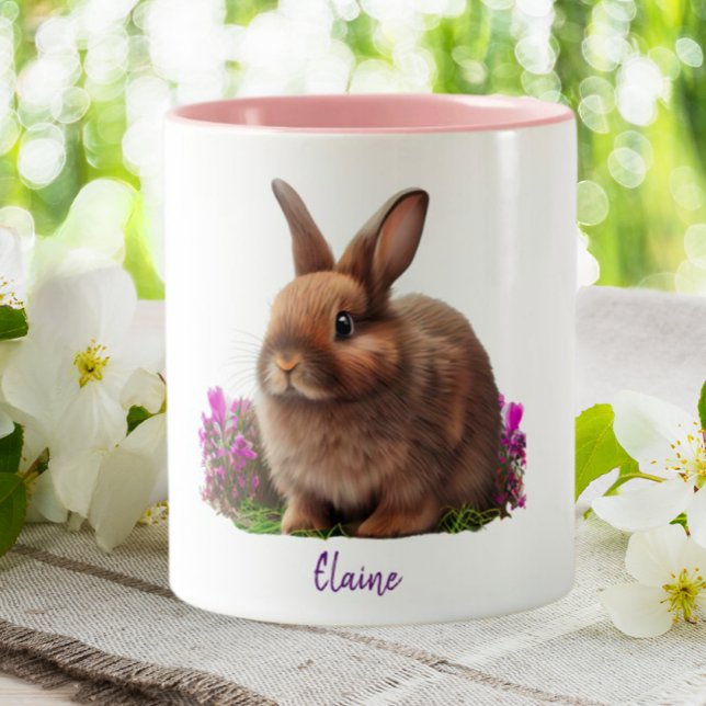 Cute Bunny Rabbit Purple Flowers Personalized Two-Tone Coffee Mug (Creator Uploaded)