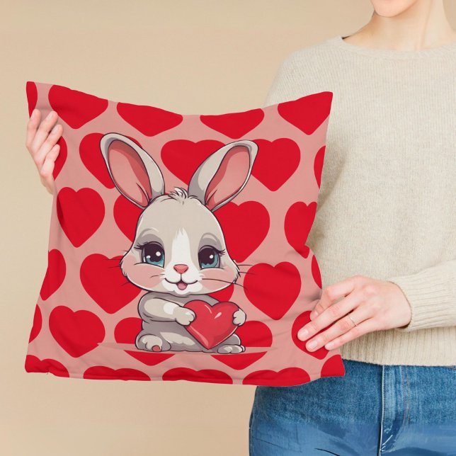 Cute Bunny Rabbit Red Hearts Valentine Love Throw Pillow (Creator Uploaded)