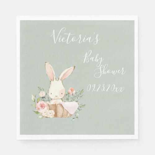 Cute Bunny Rabbit Sage Baby Shower Personalized  Napkins