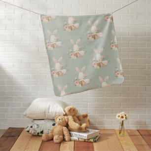 Cute Bunny Rabbit Sage Green Baby Blanket