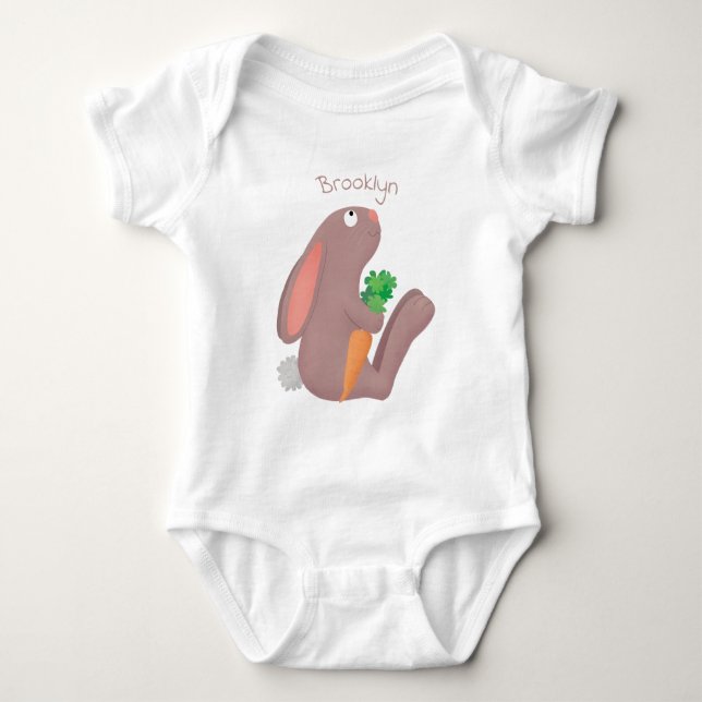 Cute bunny rabbit sitting with carrot cartoon baby bodysuit (Front)