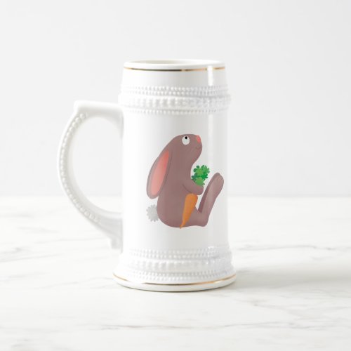 Cute bunny rabbit sitting with carrot cartoon beer stein
