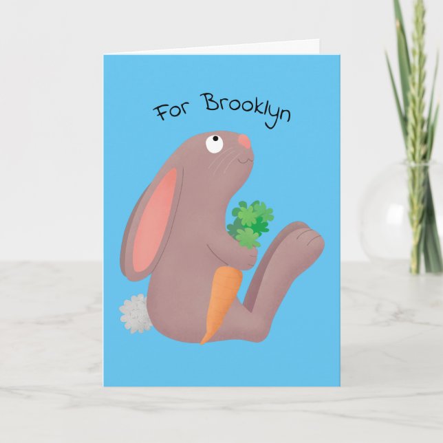 Cute bunny rabbit sitting with carrot cartoon card (Front)