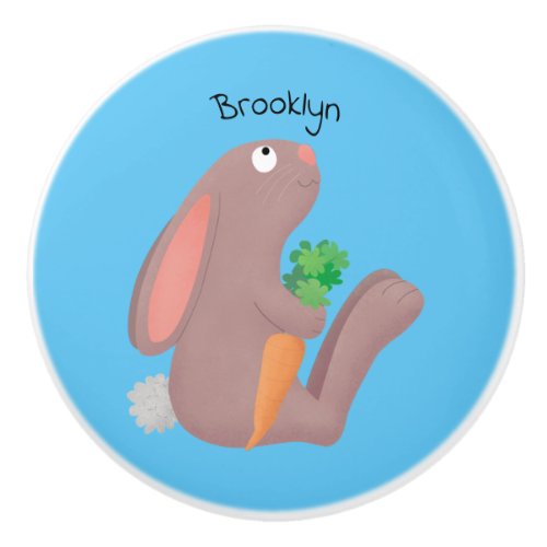 Cute bunny rabbit sitting with carrot cartoon ceramic knob