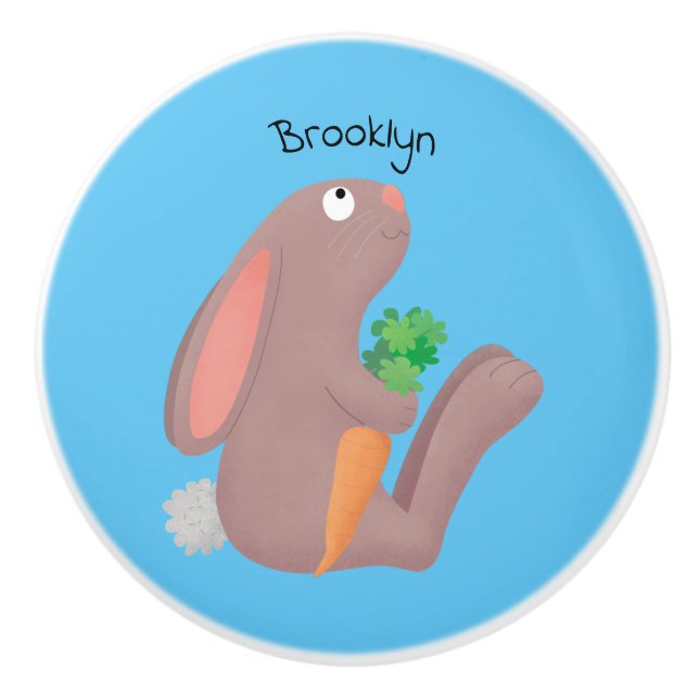 Cute bunny rabbit sitting with carrot cartoon ceramic knob (Front)