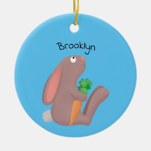 Cute bunny rabbit sitting with carrot cartoon ceramic ornament