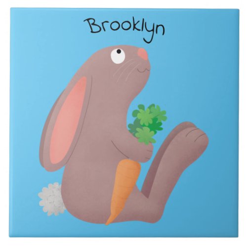 Cute bunny rabbit sitting with carrot cartoon ceramic tile