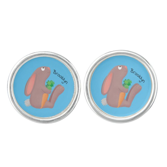 Cute bunny rabbit sitting with carrot cartoon cufflinks (Front)
