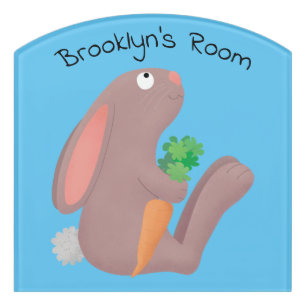 Cute bunny rabbit sitting with carrot cartoon door sign
