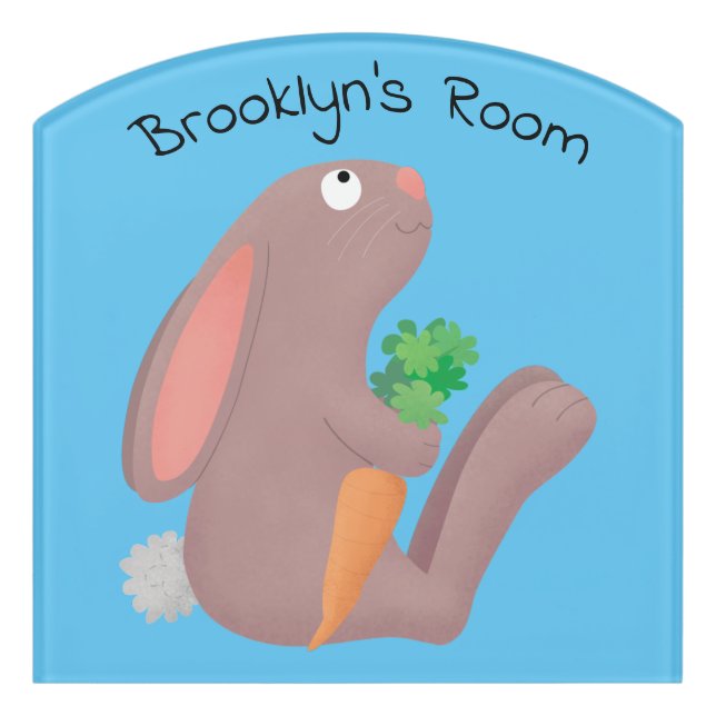 Cute bunny rabbit sitting with carrot cartoon door sign (Contour Front)