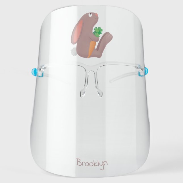 Cute bunny rabbit sitting with carrot cartoon face shield (Front)