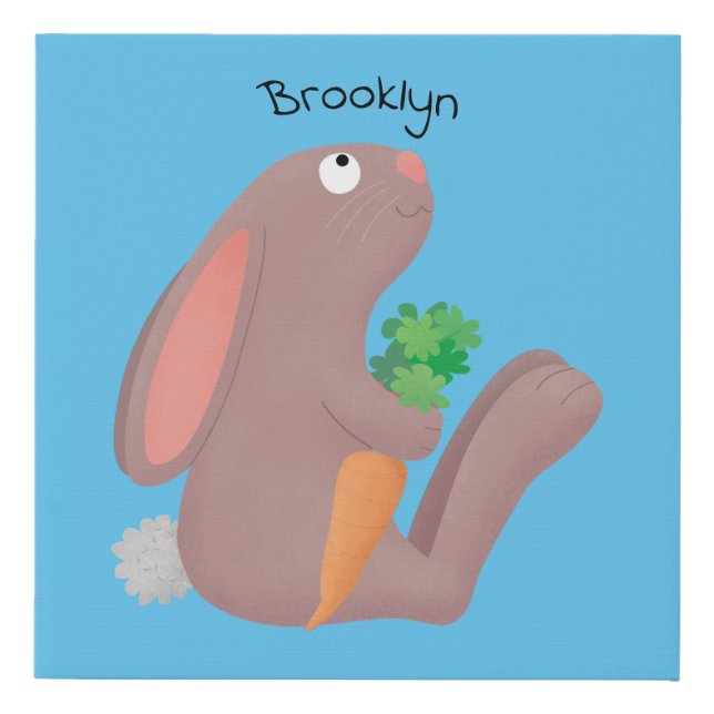 Cute bunny rabbit sitting with carrot cartoon faux canvas print (Front)