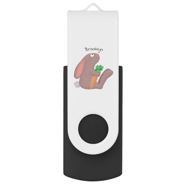 Cute bunny rabbit sitting with carrot cartoon flash drive (Front Vertical)