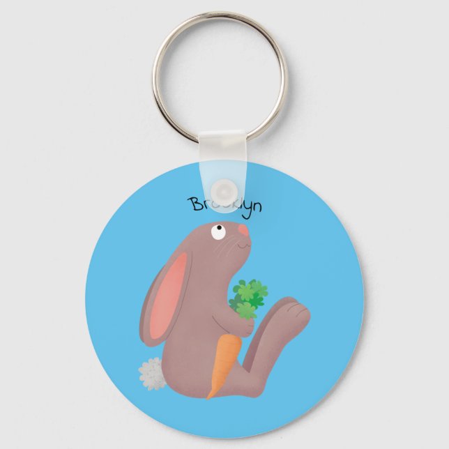Cute bunny rabbit sitting with carrot cartoon keychain (Front)