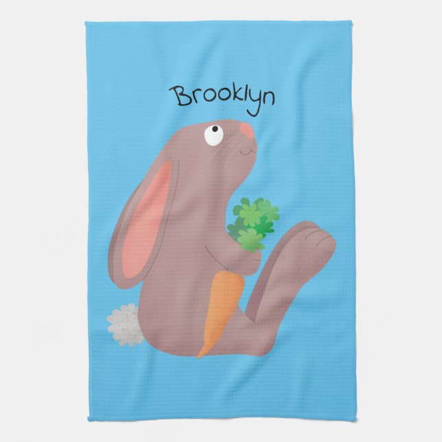 Cute bunny rabbit sitting with carrot cartoon kitchen towel (Vertical)