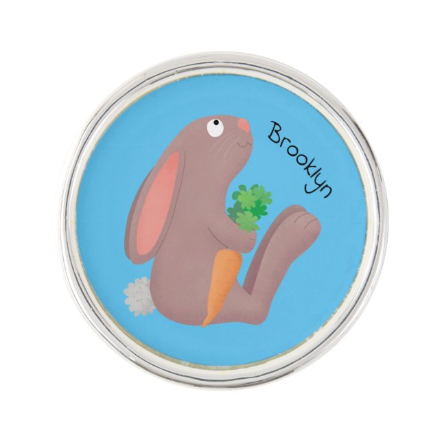 Cute bunny rabbit sitting with carrot cartoon lapel pin (Front)