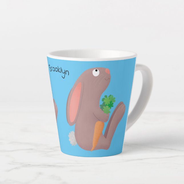Cute bunny rabbit sitting with carrot cartoon latte mug (Right Angle)