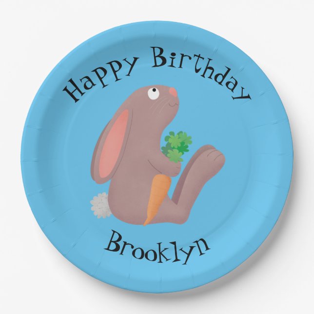 Cute bunny rabbit sitting with carrot cartoon paper plates (Front)