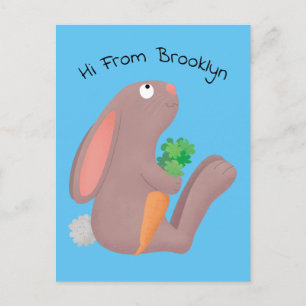 Cute bunny rabbit sitting with carrot cartoon postcard