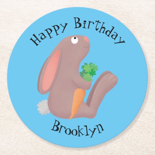 Cute bunny rabbit sitting with carrot cartoon round paper coaster