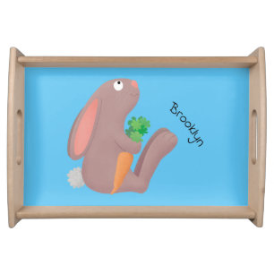 Cute bunny rabbit sitting with carrot cartoon serving tray