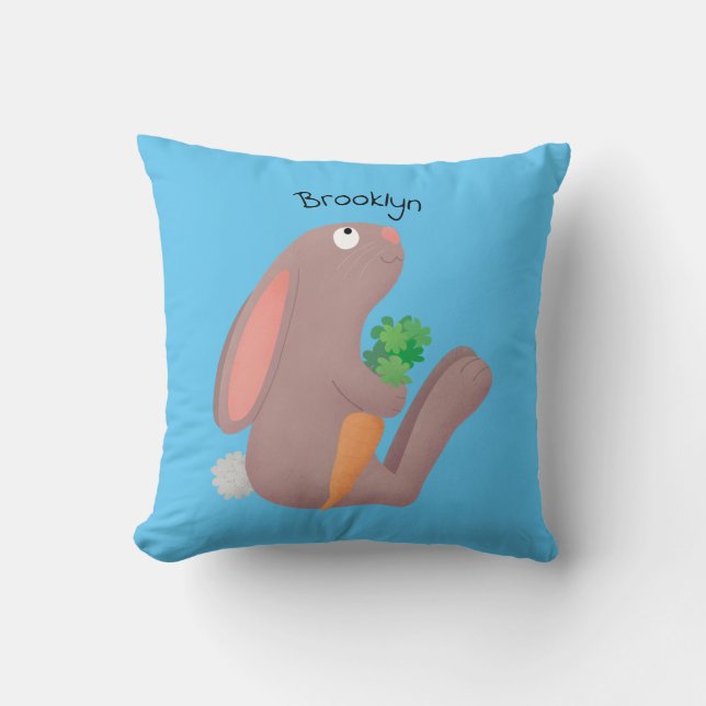 Cute bunny rabbit sitting with carrot cartoon throw pillow (Front)