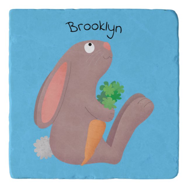 Cute bunny rabbit sitting with carrot cartoon trivet (Front)
