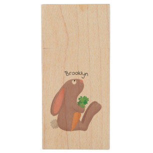 Cute bunny rabbit sitting with carrot cartoon wood flash drive
