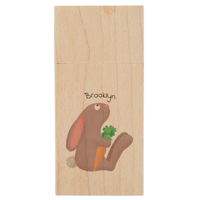 Cute bunny rabbit sitting with carrot cartoon wood flash drive (Front Vertical)