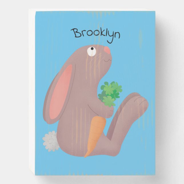 Cute bunny rabbit sitting with carrot cartoon wooden box sign (Front Vertical)