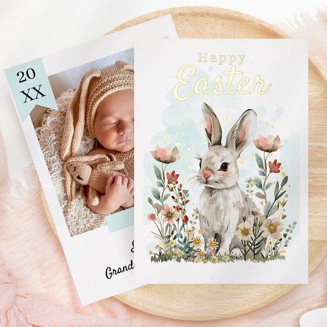 Cute Bunny Rabbit Spring Floral Happy Easter Photo Foil Holiday Card (Cute New Baby Photo Happy Easter Foil Holiday Card)