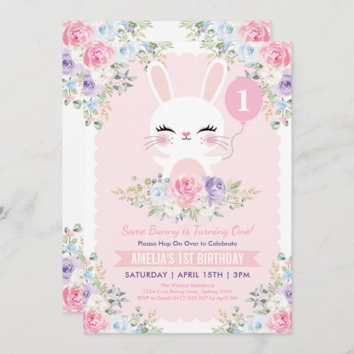 Cute Bunny Rabbit Spring Flowers 1st Birthday Invitation