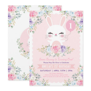 Cute Bunny Rabbit Spring Flowers 1st Birthday Invitation