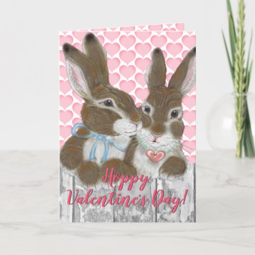 Cute Bunny Rabbit Valentine Pink Hearts Romantic Holiday Card