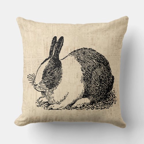 Cute Bunny Rabbit Vintage Animal Art Illustration Throw Pillow