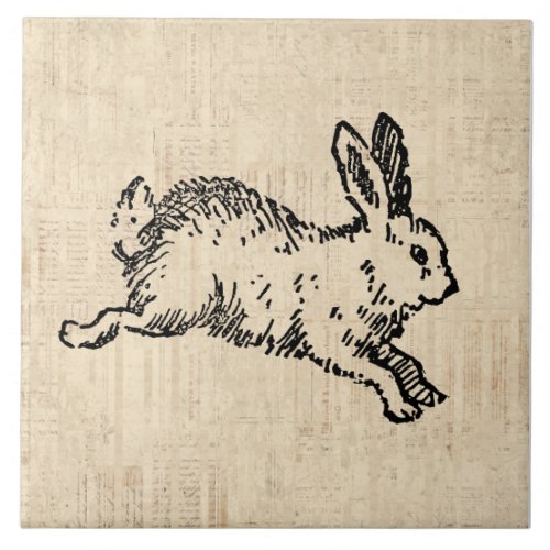 Cute Bunny Rabbit Vintage Illustration Script Art Ceramic Tile