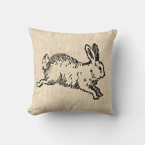 Cute Bunny Rabbit Vintage Illustration Script Art Throw Pillow