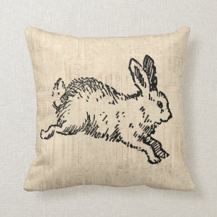 Cute Bunny Rabbit Vintage Illustration Script Art Throw Pillow