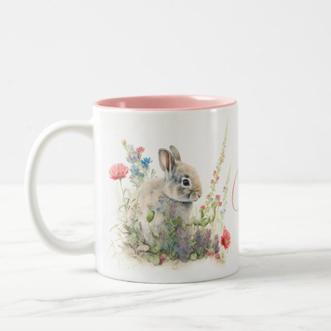 Cute Bunny Rabbit Watercolor Floral Personalized Two-Tone Coffee Mug (Left)