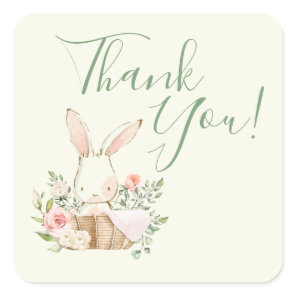 Cute Bunny Rabbit Watercolor Green Square Sticker