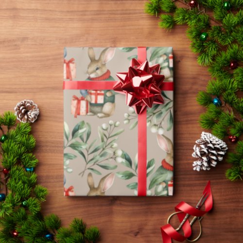 Cute Bunny Rabbit Watercolor Holiday Christmas Wrapping Paper