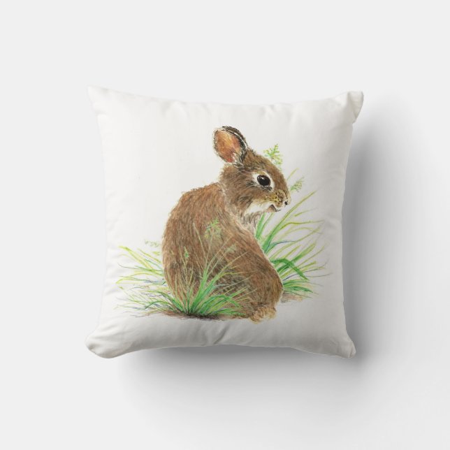 Cute Bunny Rabbit, Watercolor Nature, Wildlife Throw Pillow (Front)