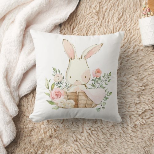 Cute Bunny Rabbit Watercolor Nursery Throw Pillow