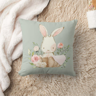 Cute Bunny Rabbit Watercolor Sage Green Nursery Throw Pillow
